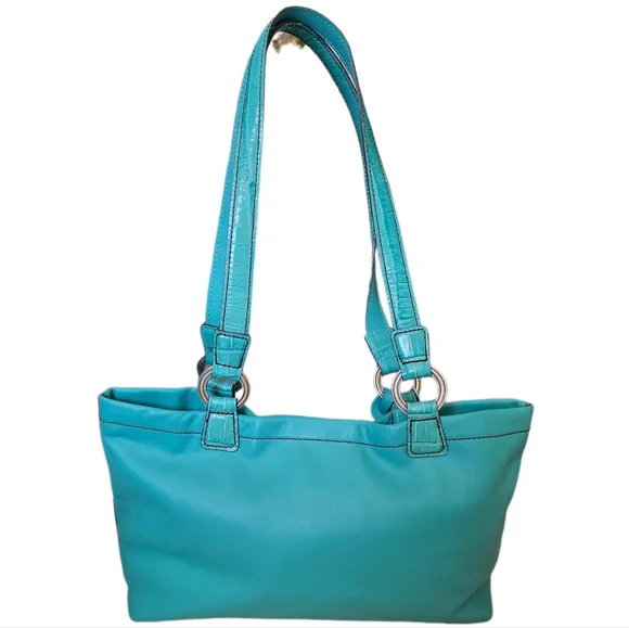 Brighton Teal Leather Shoulder Bag Cric Handles With Flower & Heart Charm GUC - Picture 2 of 10